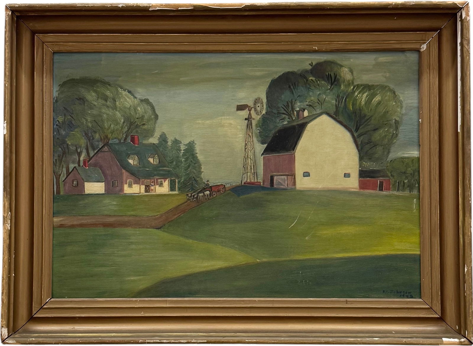 American Primitive Pennsylvania Rural Farm Landscape With Barn Signed Oil Painting (1 of 4)