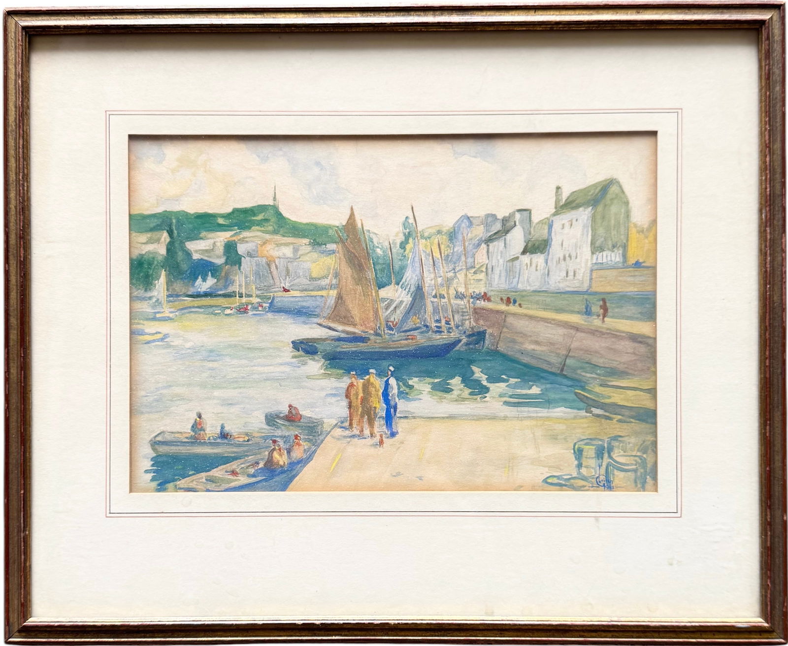 1940's Signed Watercolor European Harbor Scene, Possibly French (1 of 3)