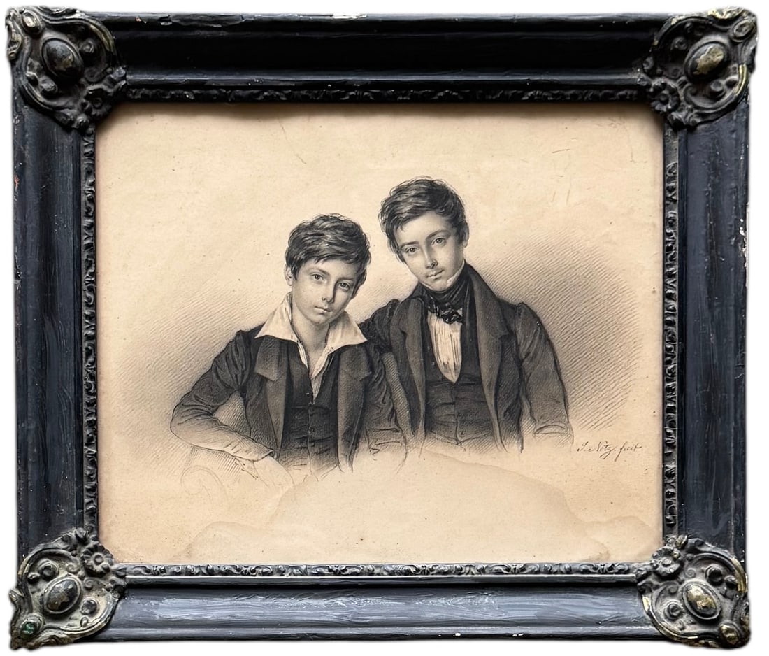 JOHANNES NOTZ (1802-1862, Switzerland) Handsome Young Boys: Charcoal on paper. 11.5 x 10 in (inner), 14.5 x 12.5 in (framed). Domestic Flat Shipping Price: $55