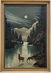 Early 20th Century American West Moonlit Landscape With Elk In River Painting