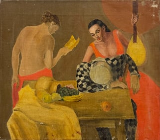 Mid-Century Surrealist Modernist Unsigned Oil Painting On Canvas Philadelphia Stamp