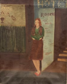 American School c 1930's WPA Era Street Scene With Woman Standing In Front Of Hotel