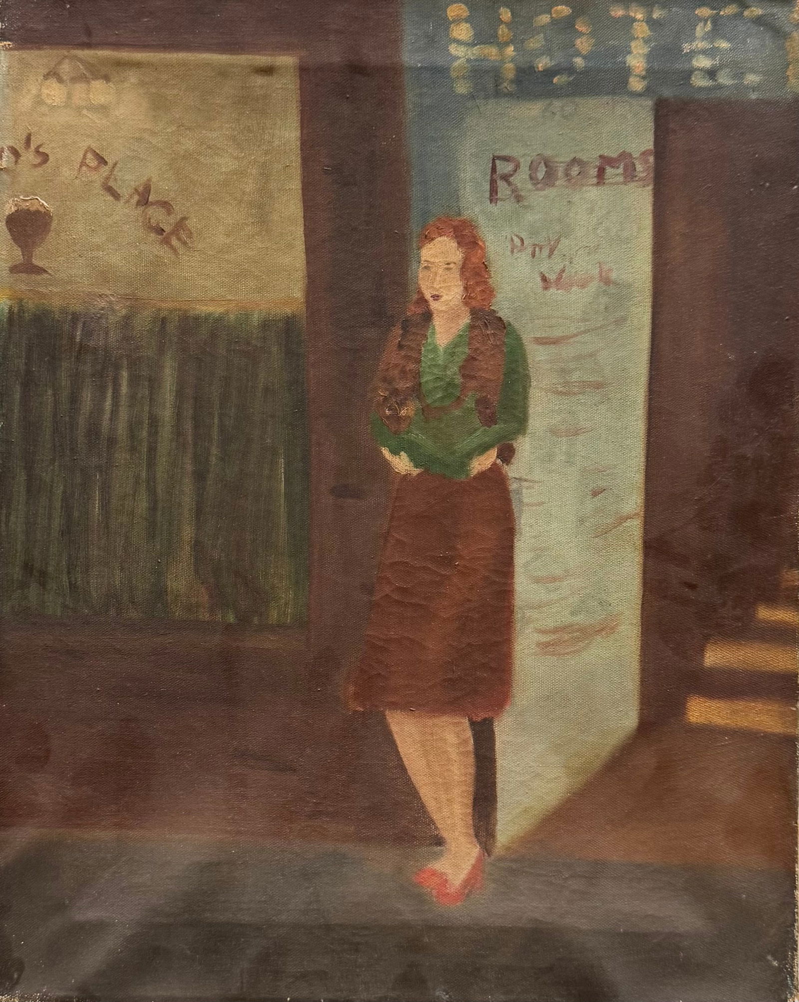 American School c 1930's WPA Era Street Scene With Woman Standing In Front Of Hotel (1 of 4)