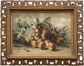 19th Century English School Still Life Of Peaches & Flowers Monogramed 1892