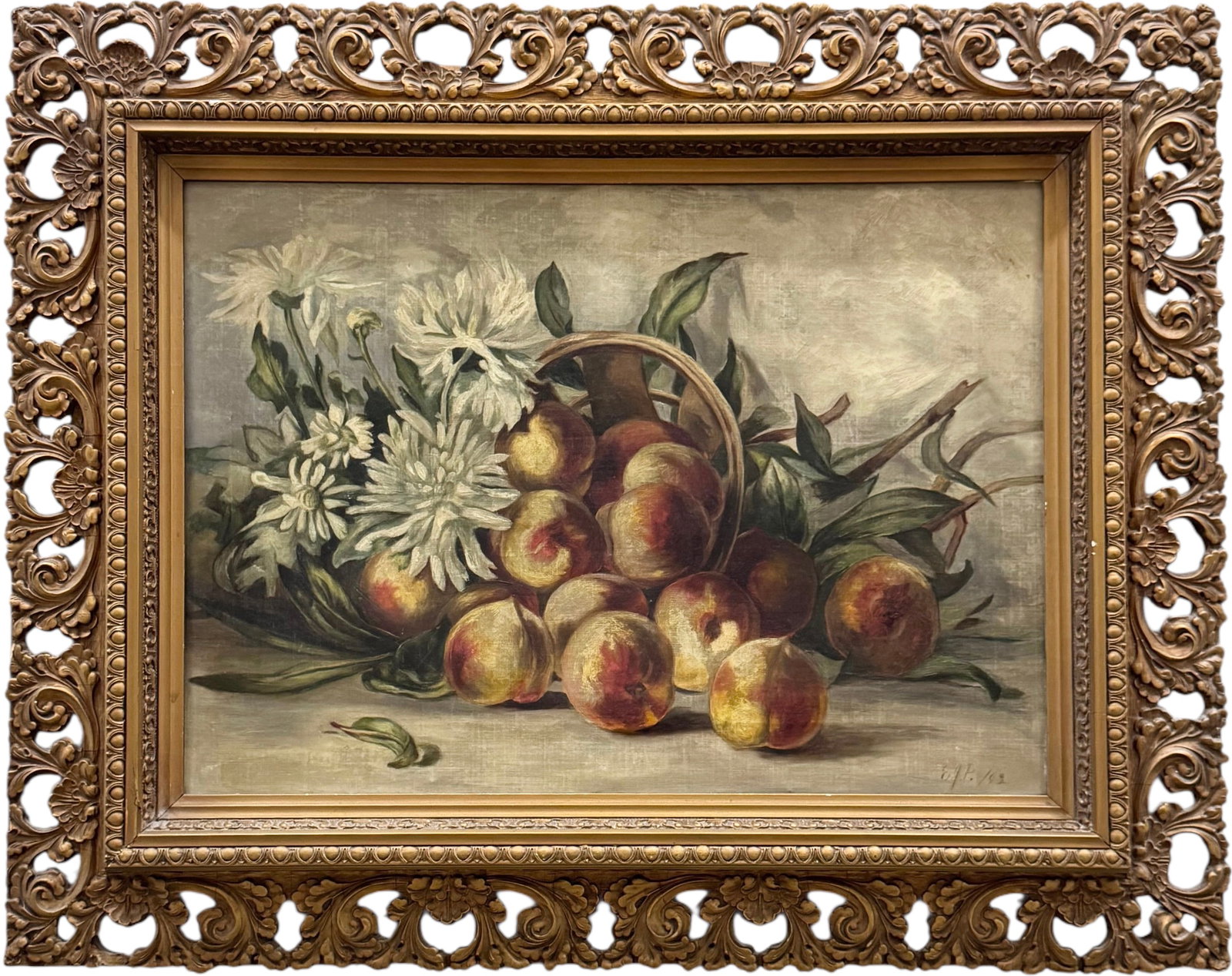 19th Century English School Still Life Of Peaches & Flowers Monogramed 1892: Oil on canvas 22.5 x 16 in, 30.5 x 24.5 in. Domestic Flat Shipping Price: $90