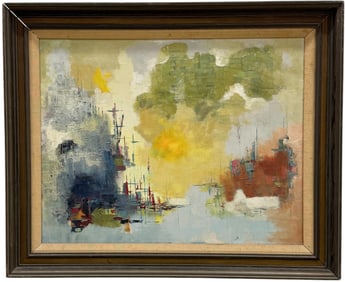 Vintage American Abstract Expressionist Harbor Scene With Sailboats Oil Painting