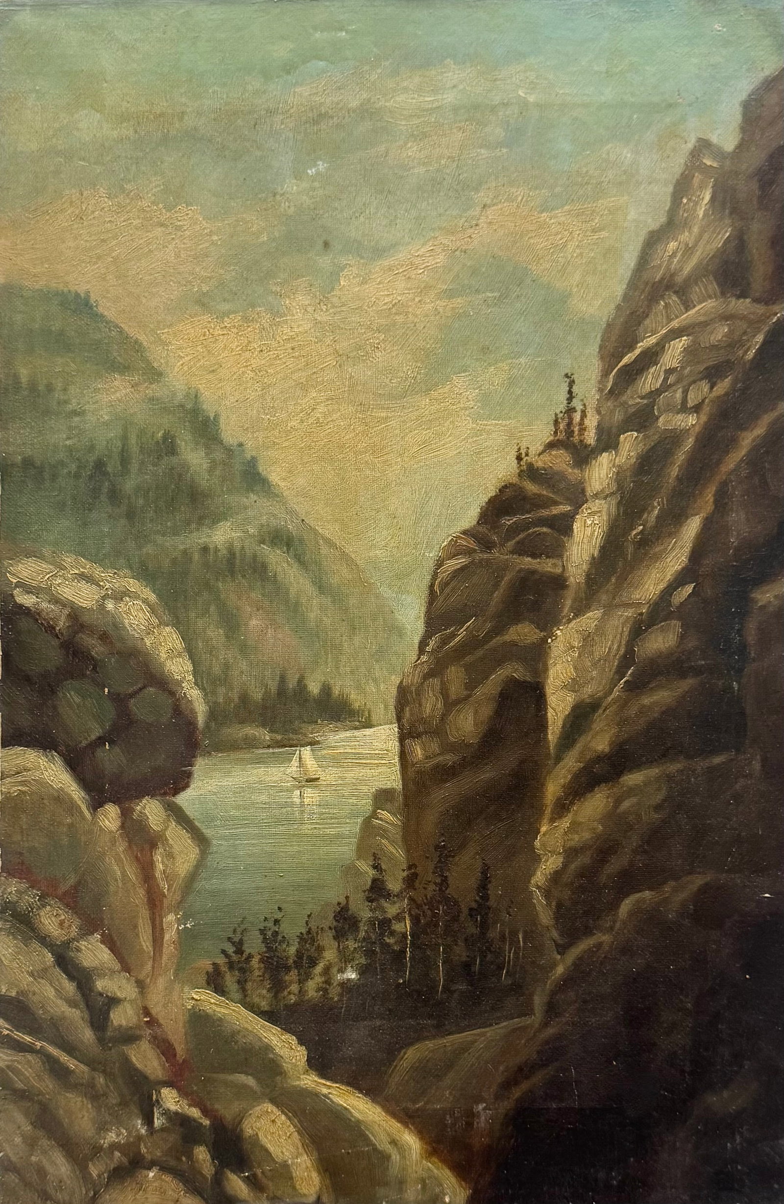 Early 20th Century American Hudson River School Oil Painting On Canvas: Oil on canvas 18 x 12 in. Domestic Flat Shipping Price: $55