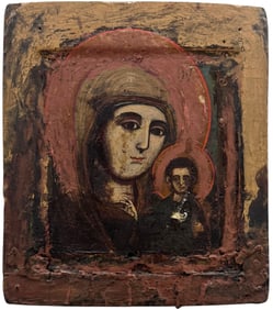 Antique Byzantine Icon Madonna & Child Painted On Wood Panel