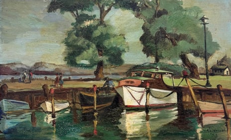 German School Harbor Scene Signed Heinrich, Dutch Gallery Label Verso Oil Painting