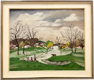 American School Folk Art Painting In The Style Of Granda Moses, Unsigned