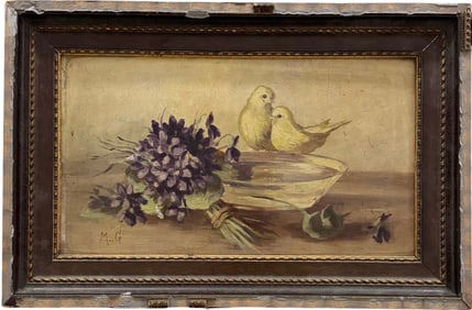 19th Century Still Life Of Baby Chicks & Flowers Oil Painting On Board