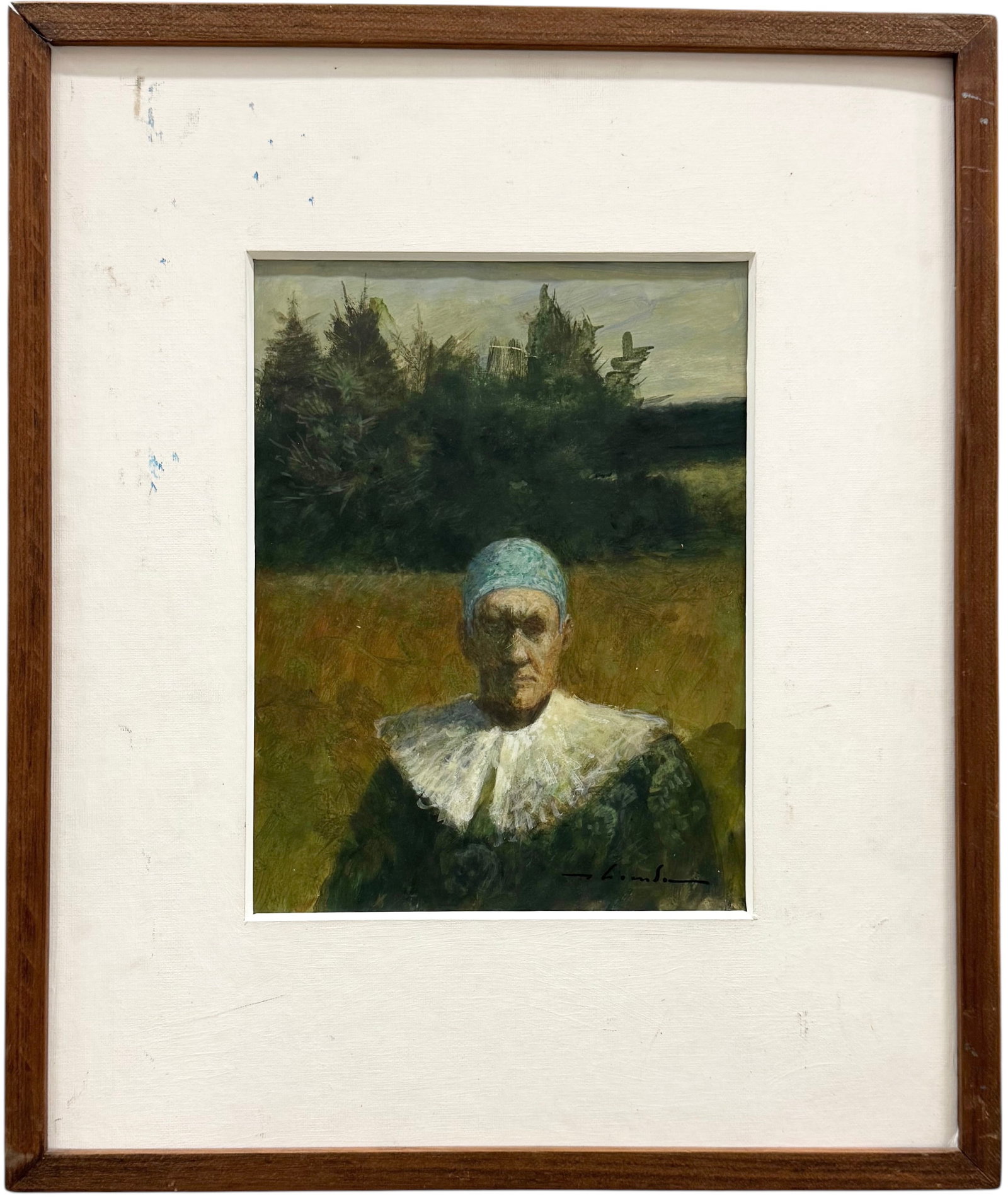 "Island Performer" Moody Surrealist Portrait In Landscape Signed Illegibly: Artist unknown. Oil on paper. Size 11 1/4 x 8 1/2 in (image), 20 x 17 in. Domestic Flat Shipping Price: $55