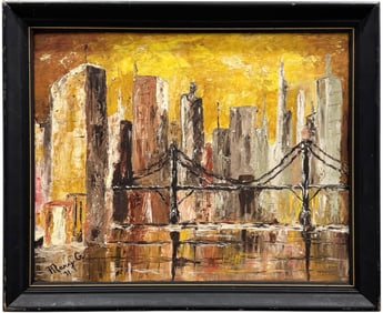 Mid-Century Modern American Cityscape With Bridge Signed Oil Painting