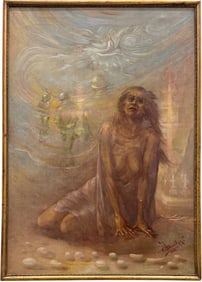 Large Surrealist Wartime Abstract Painting Nude Woman With Soldiers Signed Oil Painting