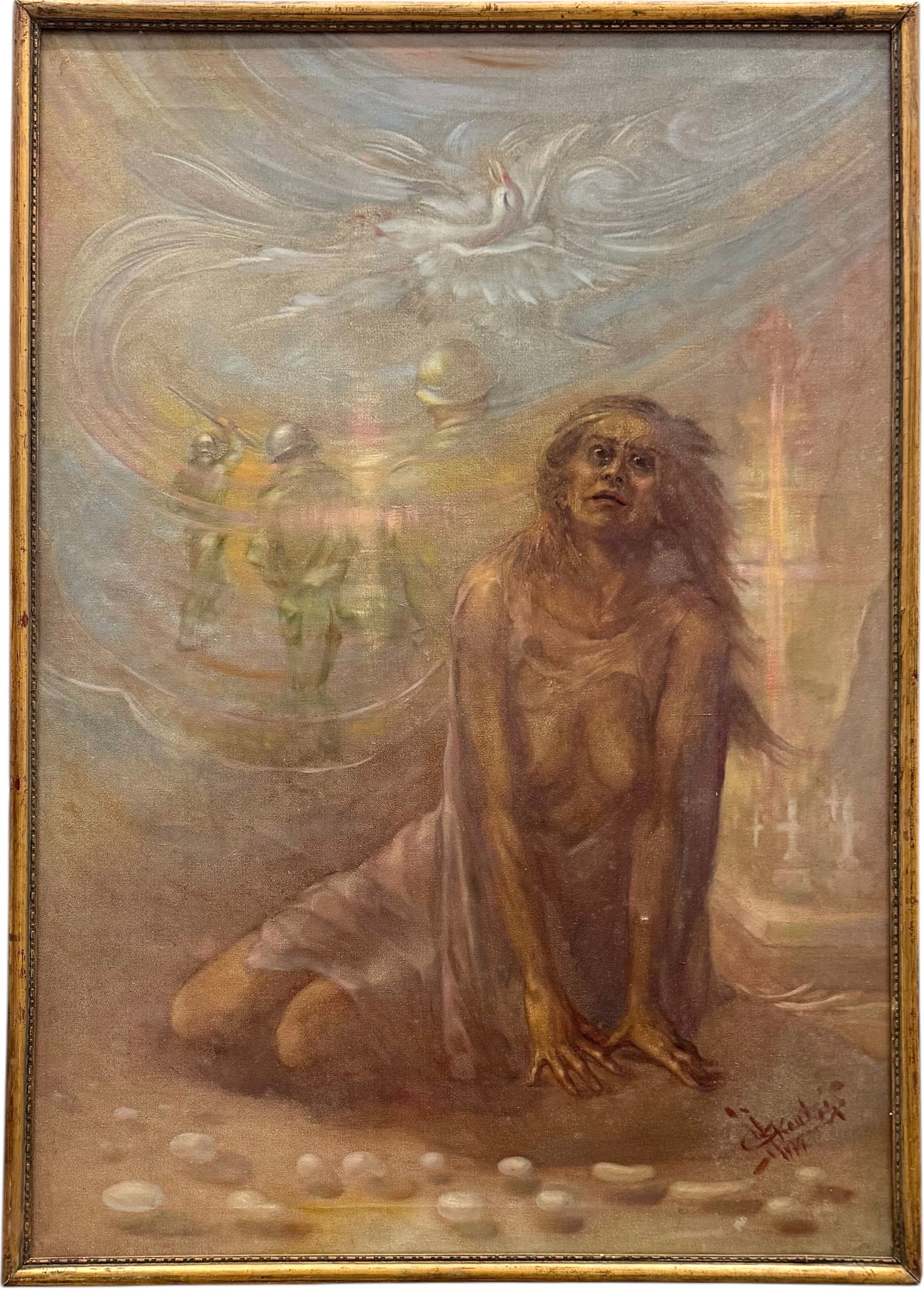 Large Surrealist Wartime Abstract Painting Nude Woman With Soldiers Signed Oil Painting: Oil on canvas 40 x 28 in, 41 3/4 x 29 3/4 in (framed). Domestic Flat Shipping Price: $110