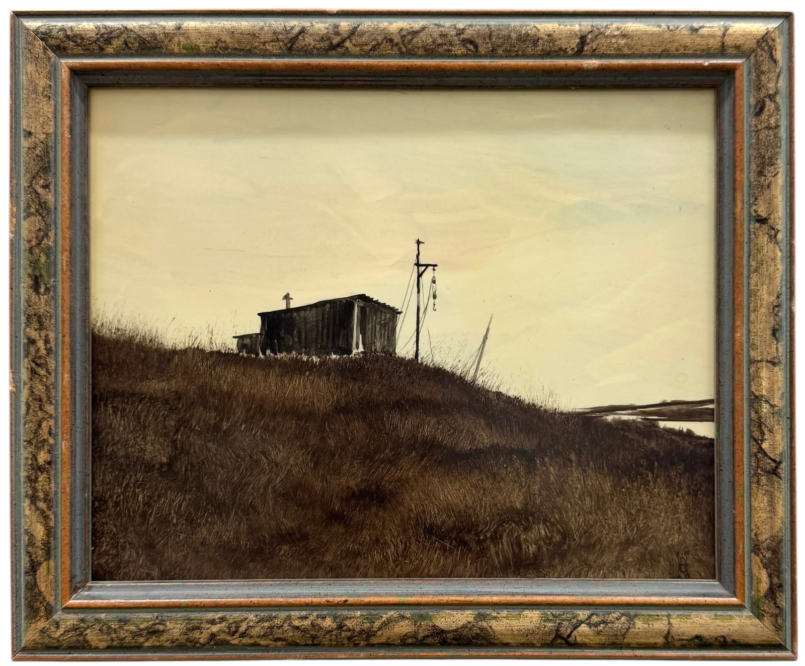 Rural American Landscape With Shack Painting Signed With Monogram 1968: Mixed media 8 x 10 in. Domestic Flat Shipping Price: $45