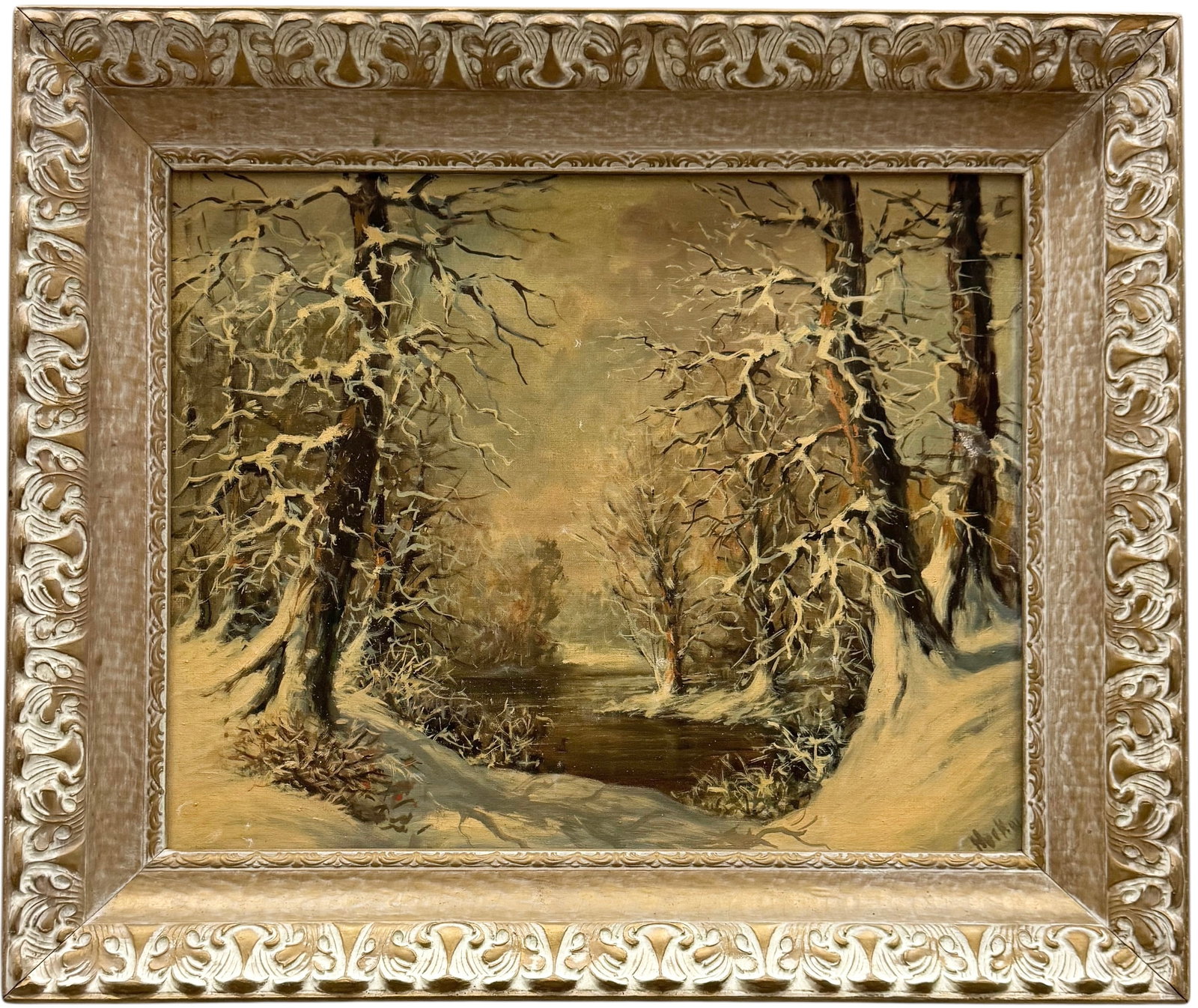 Vintage American Snowy Winter Landscape Signed Oil Painting: Oil on canvas 20 x 16 in, 26 1/2 x 21 1/2 in (framed). Domestic Flat Shipping Price: $70