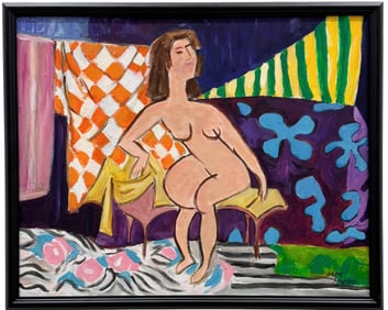 Modern Cubist Interior Seated Nude Signed Acrylic On Canvas Painting