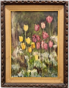 American Modernist Painting Of Tulips Signed Oil Painting