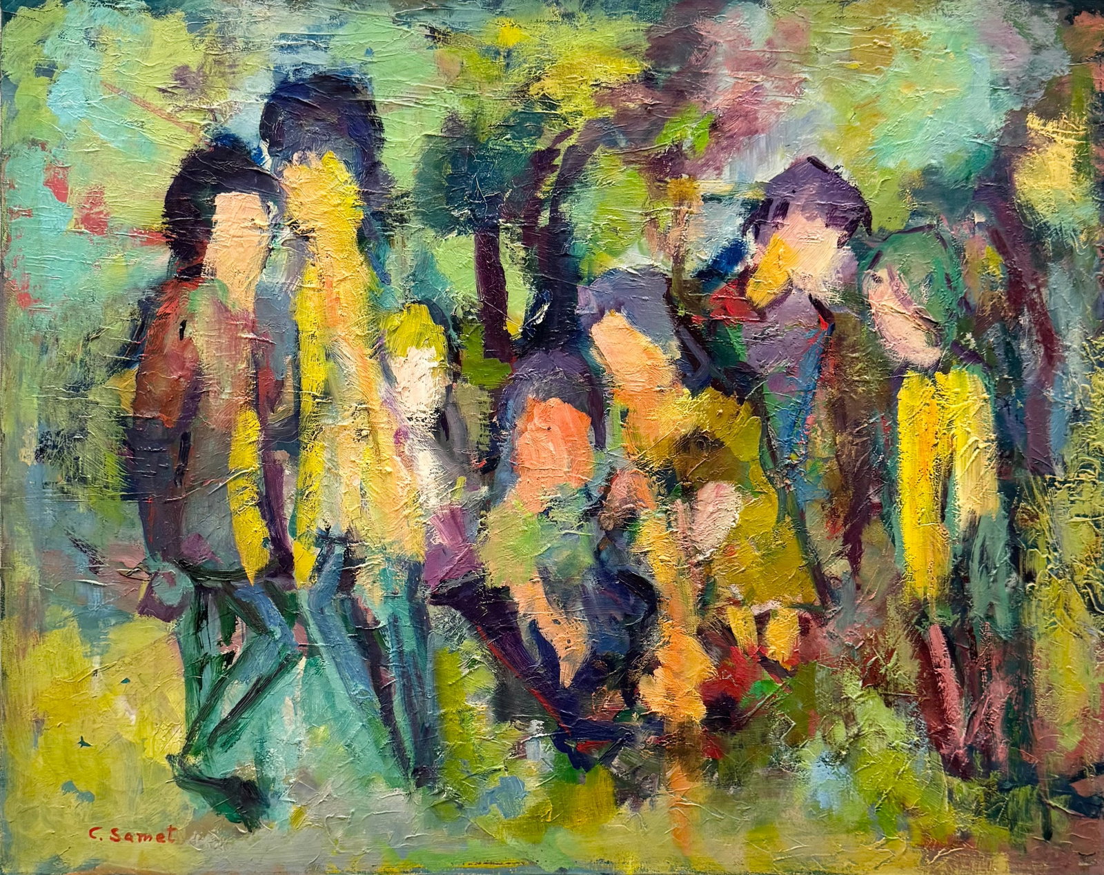 C. SAMET American Abstract With Figures Heavy Impasto Painting: Acrylic on canvas 30 x 24 in. Domestic Flat Shipping Price: $80