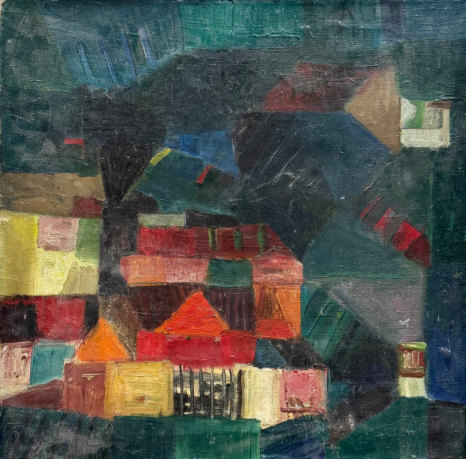 ROZYCKI JANUSZ Mid-Century Abstract Warsaw Polish Oil Painting On Burlap: Oil on burlap 25 3/4 x 25 3/4 in. Domestic Flat Shipping Price: $90