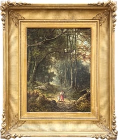 19th Century American School Signed Luminist Forest Landscape With Fluted Cove Frame