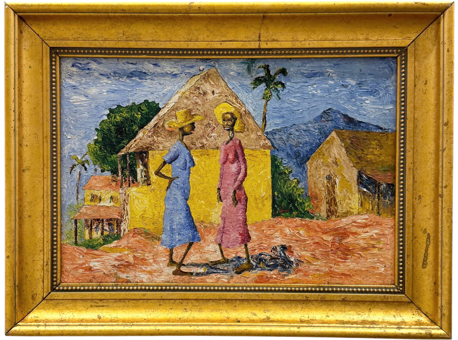 Caribbean Modernist Village Scene Heavy Impasto Oil Painting, Possibly Dominican: Oil on wood 20 x 13 3/4 in, 25 1/2 x 19 in (framed). Domestic Flat Shipping Price: $80