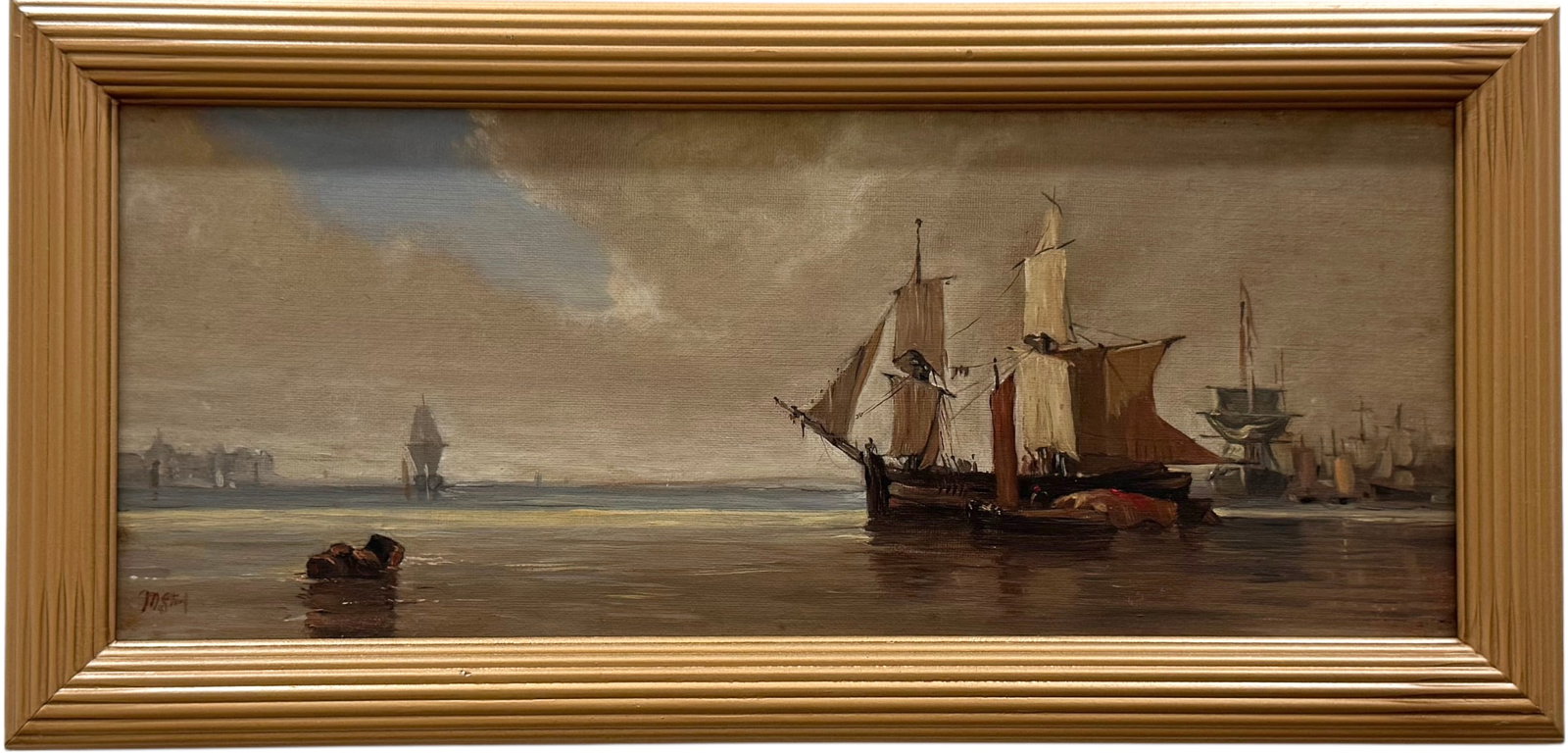 MARVIN STEEL (b. 1936, Florida) Seascape With Boats: Oil on canvas 17 x 7 in, 19.5 x 9.5 in. Domestic Flat Shipping Price: $55