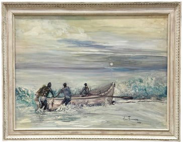 HUGO FERNANDEZ (20th c, Cuban) Moonlit Seascape Fishermen With Boat