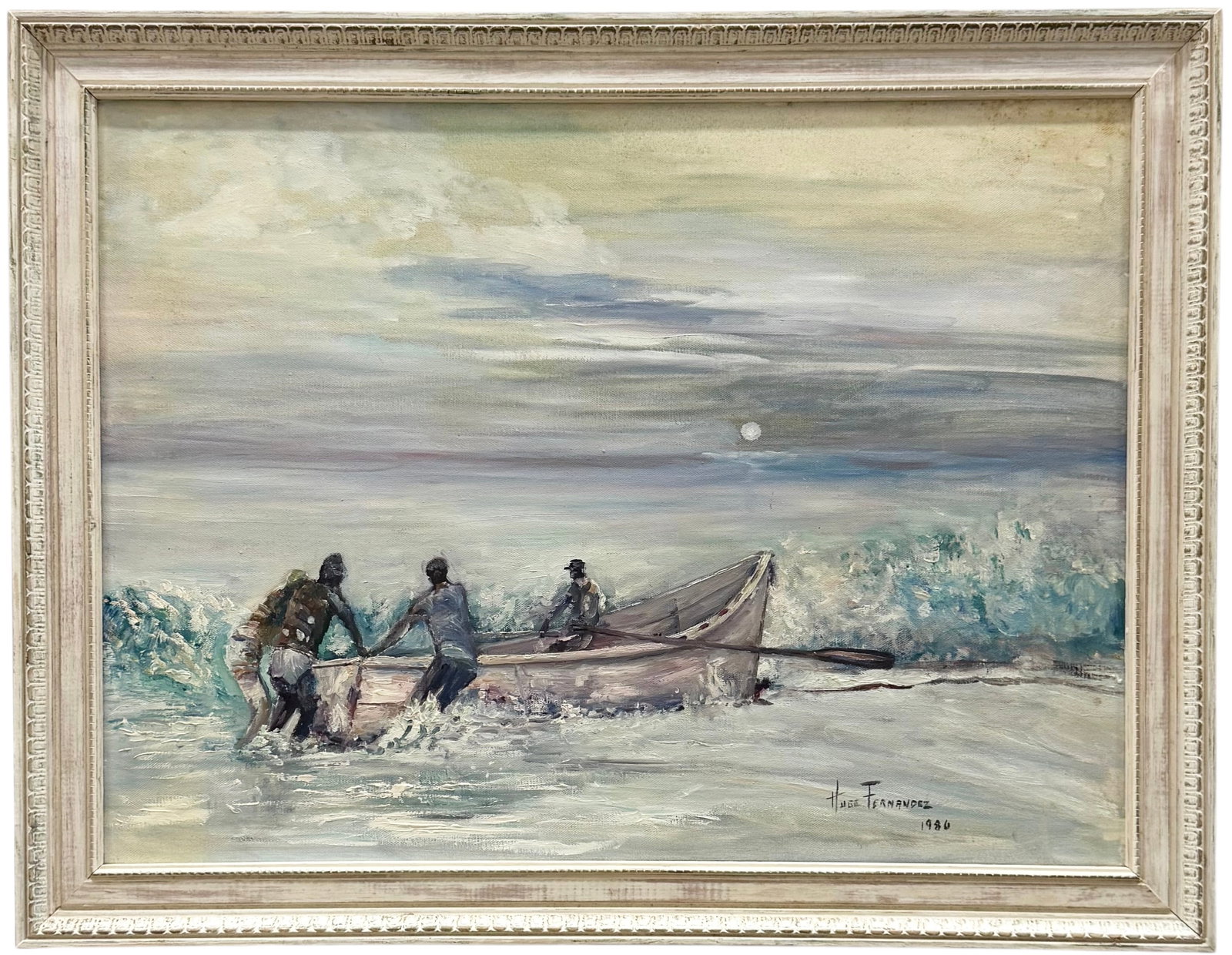 HUGO FERNANDEZ (20th c, Cuban) Moonlit Seascape Fishermen With Boat: Oil on canvas 24 x 18 in, 27.5 x 21.5 in (framed). Domestic Flat Shipping Price: $80