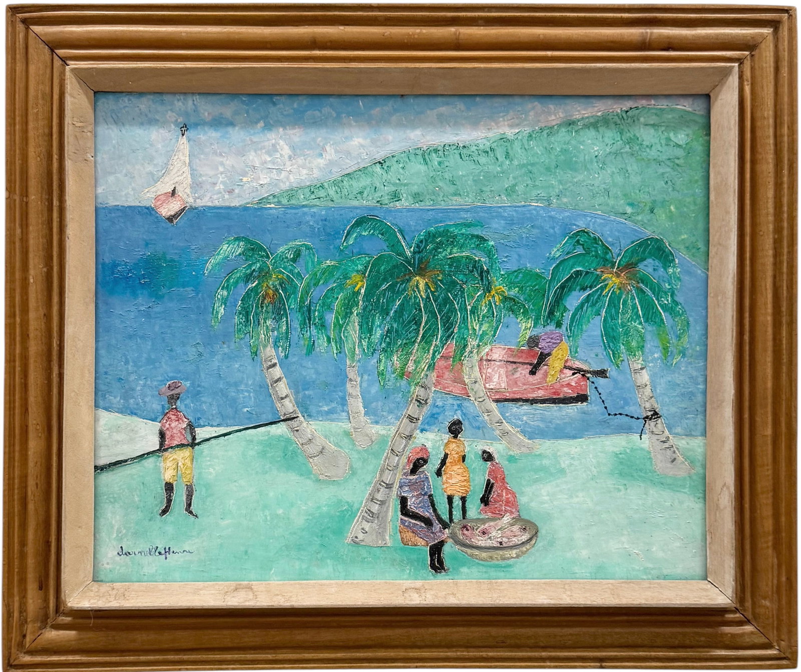 DARNELLE HENRI (20th c, Haitian) Modernist Beach Scene: Oil on canvas 16 x 20 in. Domestic Flat Shipping Price: $55