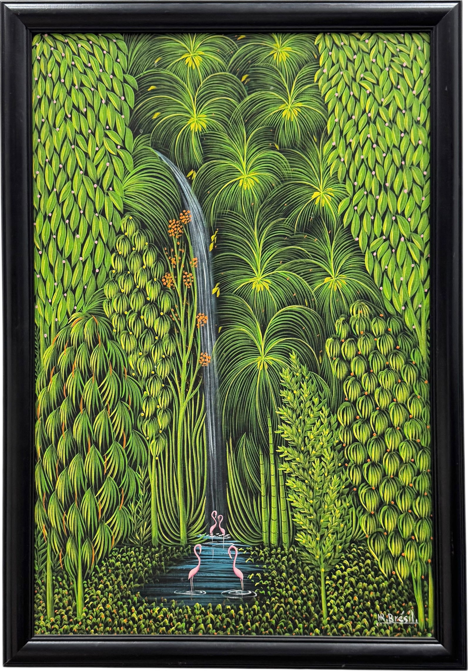 HENRI ROBERT BRESIL (1952-1999, Haitian) Waterfall Landscape With Flamingos (1 of 3)