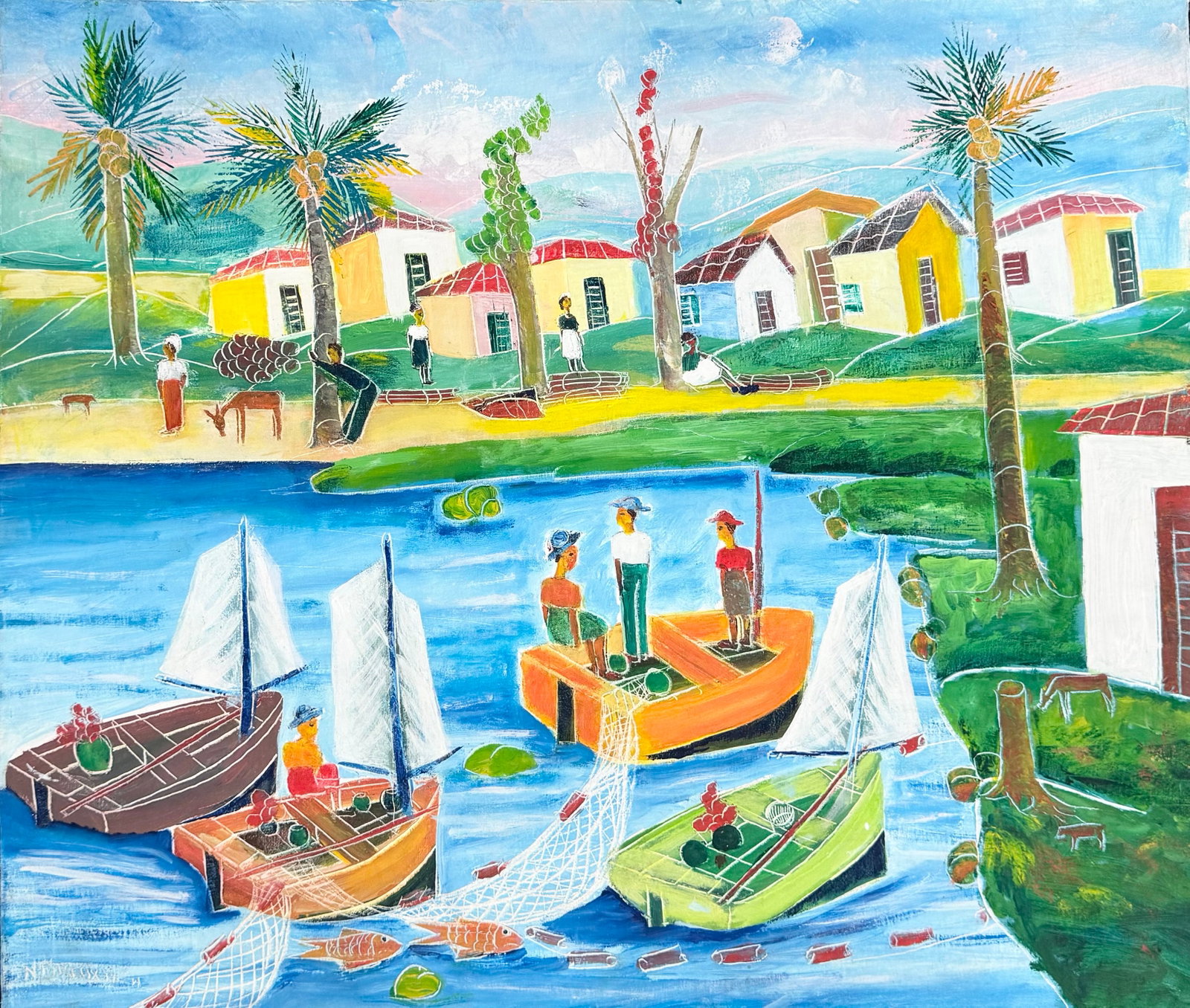 NICOLAS DREUX (1956-2021, Haitian) Harbor Scene: Oil on canvas 36 x 30 in. Un-stretched. Domestic Flat Shipping Price: $55