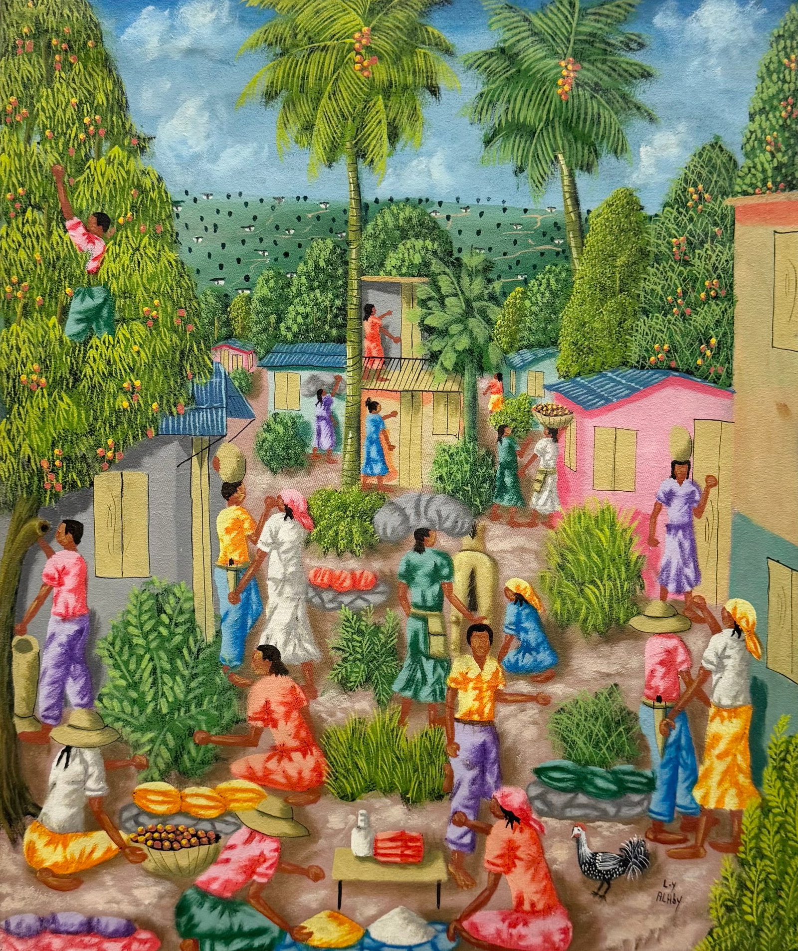 LY ALABY (20th c, Haitian) Plush Village Landscape: Oil on canvas 20 x 24 in. Domestic Flat Shipping Price: $55
