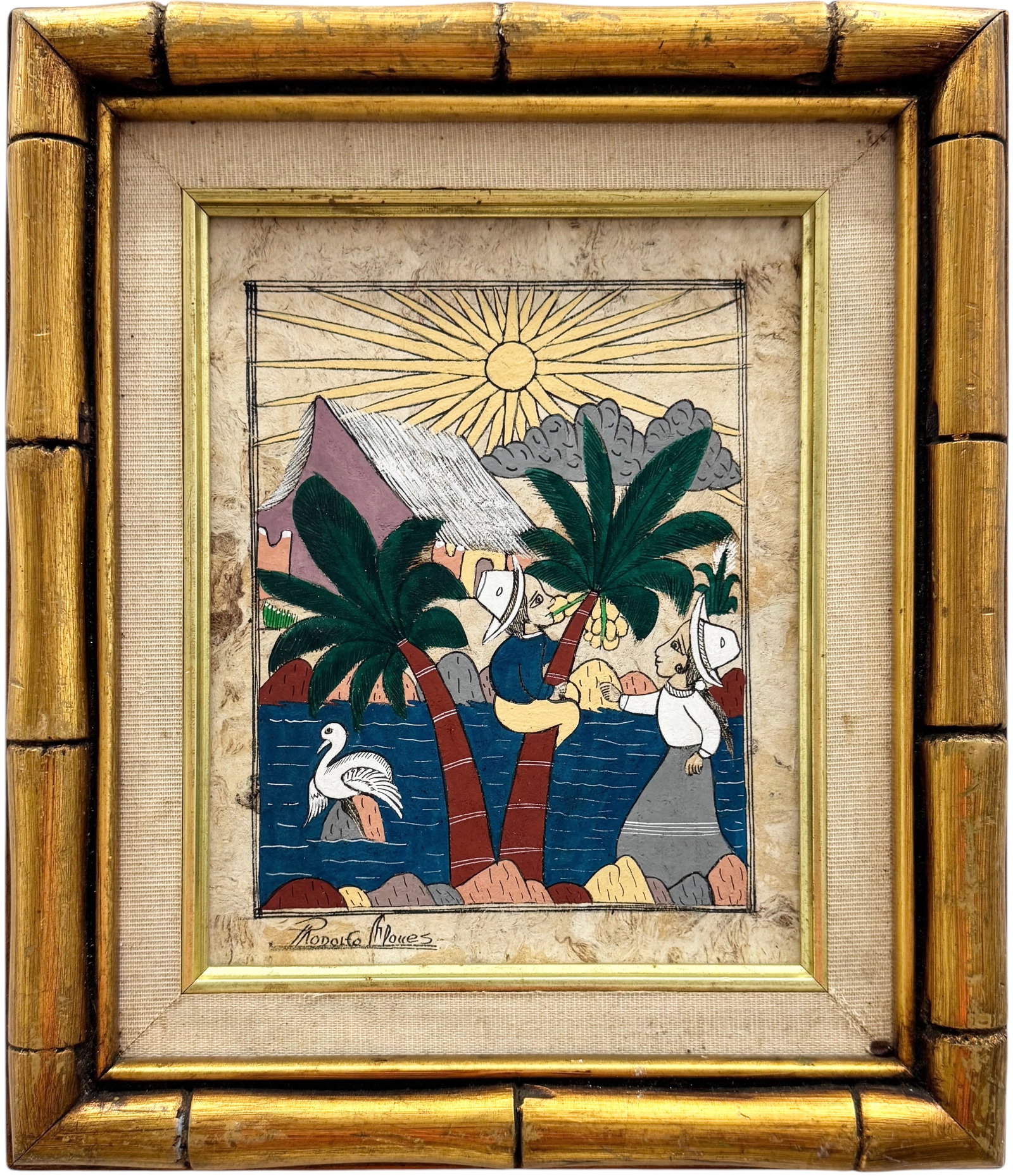 RODOLFO FLORES (20th c, Mexican) Folk Art Painting: Oil on paper cardboard 10 x 8 in, 14 1/2 x 12 1/2 in (framed). Domestic Flat Shipping Price: $45
