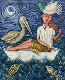 "El Violinista" Mexican Folk Art Signed Oil Painting