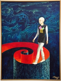 Large American Vintage 1980's Surrealist Post Modernism Signed GAUTIER Oil Painting