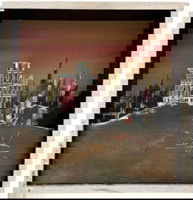 Modern Cityscape In Crafted Wood Frame Signed Illegibly Painted On Wood