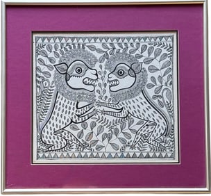 Indian Or Asian Folk Art Ink Drawing, Dueling Male Lions