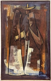 Mexican School Modernist Figures Signed Illegibly Oil Painting On Canvas