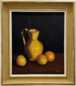Latin American Still Life Of A Pitcher & Oranges Signed Oil Painting