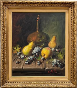 Mid-Century Still Life Of Grapes, Pears, & Wine Signed Oil Painting