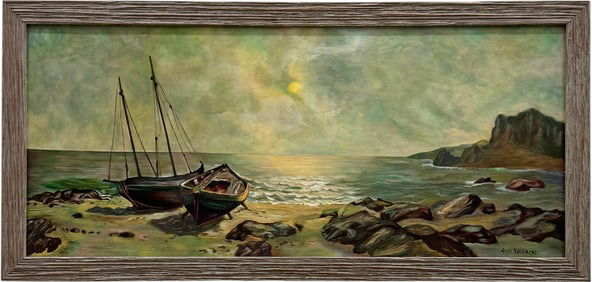 ANNE ADLER (20th c, American) Luminist Coastal Beach Seascape With Boats