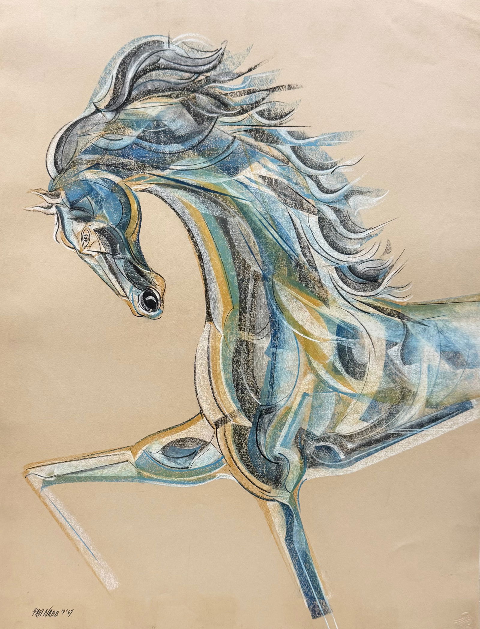 PAUL NABB Mid-Century Modern Horse Abstract Pastel On Paper 1967 (1 of 3)
