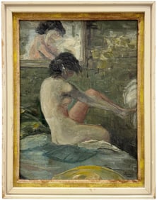 American Modernist Nude Woman Interior Scene Signed Oil Painting
