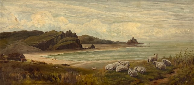 Circa 19th c English Coastal Landscape With Sheep Oil Painting