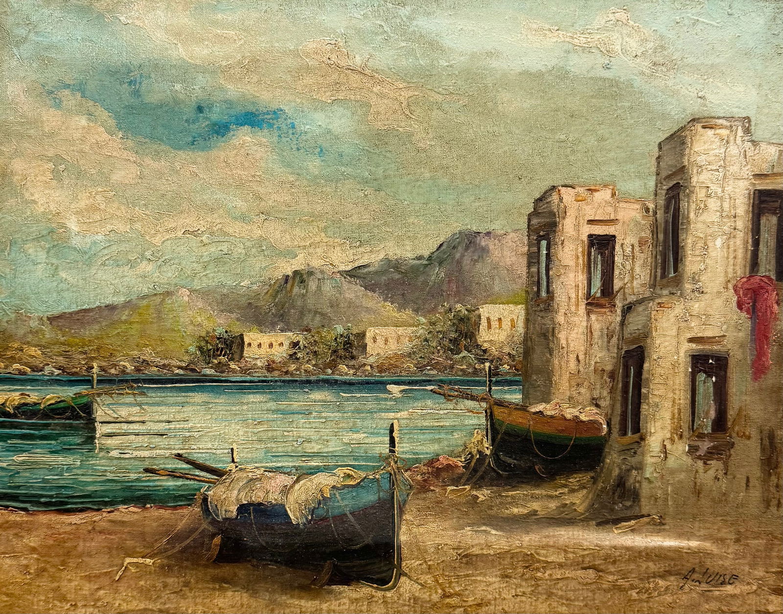 Italian Impressionist Harbor Scene Signed Oil Painting On Canvas (1 of 3)
