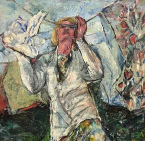 1950's Expressionist Portrait Of A Woman Hanging Clothes Signed Oil Painting