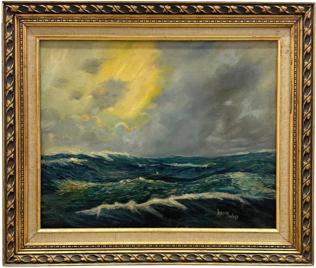 THOMAS MEEHAN (20th c, American) Luminist Seascape, Pennsylvania Artist: Oil on board 25 x 21 in (framed). Domestic Flat Shipping Price: $60