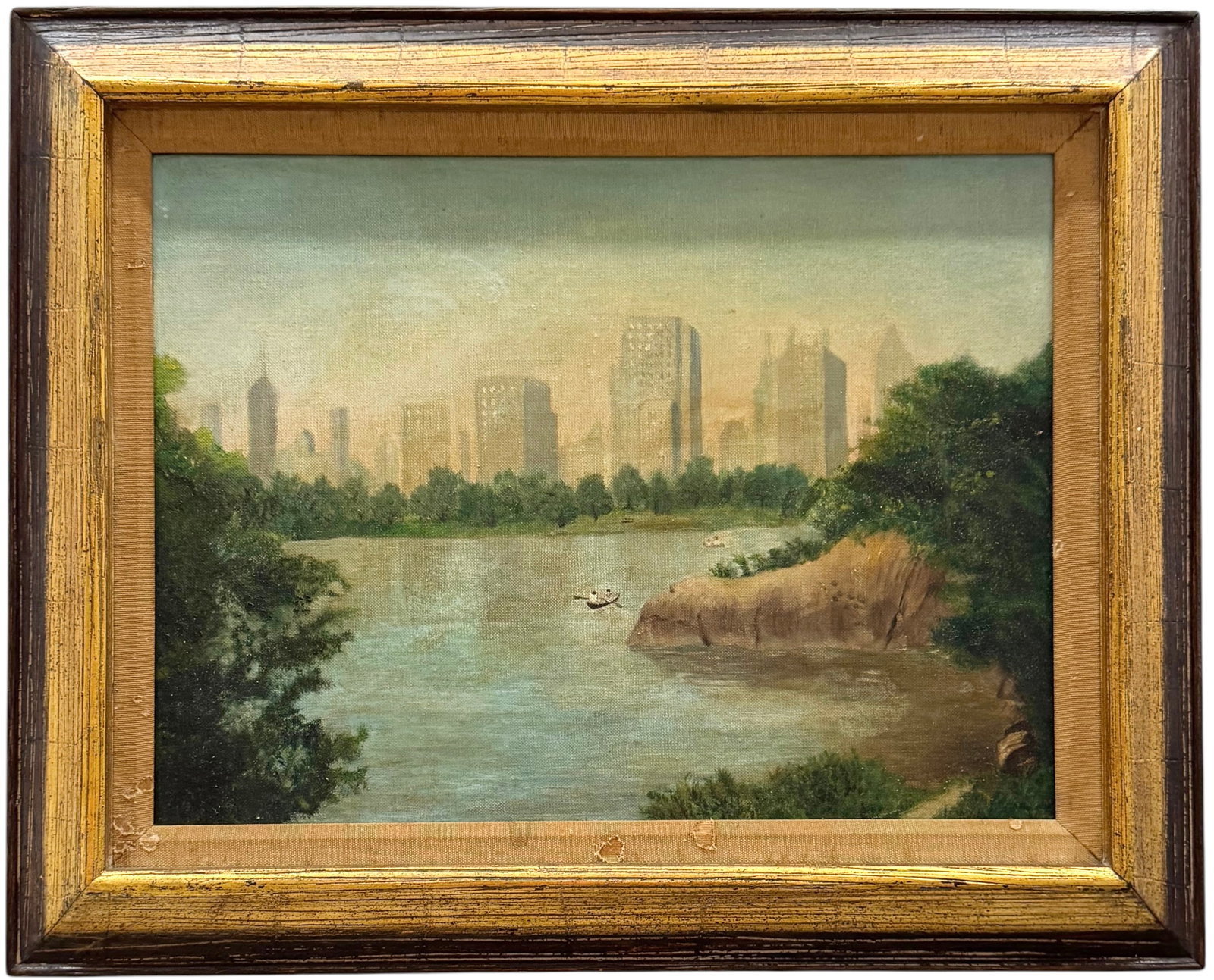 Early 20th Century American Cityscape With Park, Possibly New York City Oil Painting: Oil on board 16 x 12 in, 21 x 17 in. Domestic Flat Shipping Price: $55